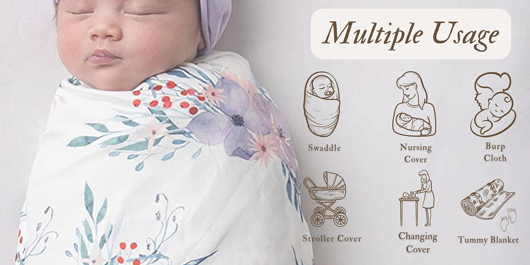 Newborn Receiving Blanket and Headband Beanie Set Flower Print Baby Swaddle Wrap Floral (Purple)