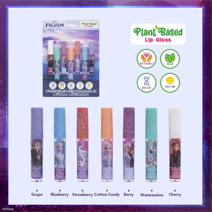 Disney Frozen Plant Based Vegan 7 PC Flavored Lip Gloss Set For Girls – Ideal for Sleepovers, Makeovers, Party Favors and Birthday Gifts! - Age: 3+