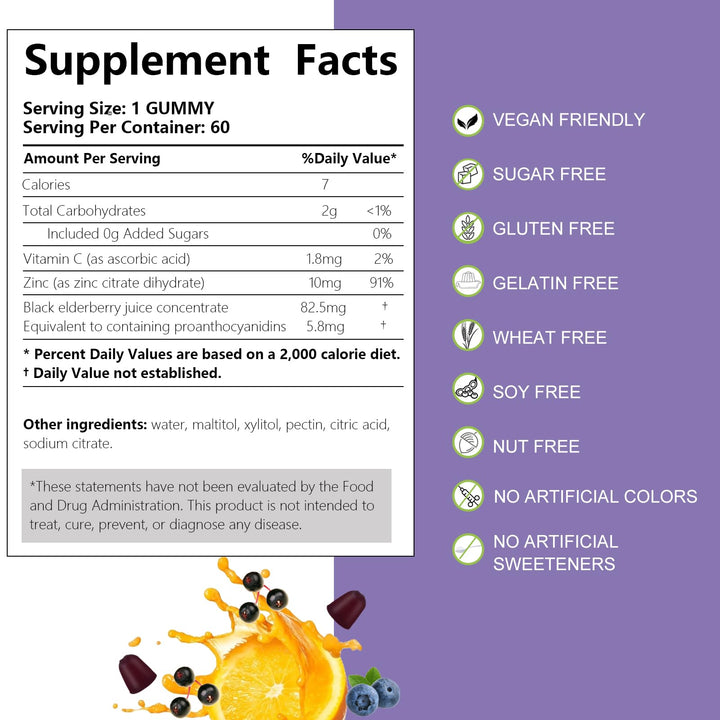 Sambucus Elderberry Gummies, Black Elderberry Gummy with Zinc and Vitamin C for Adults, Sugar Free Kids Multivitamin Gummies Immune Support* Supplement (2 Pack)
