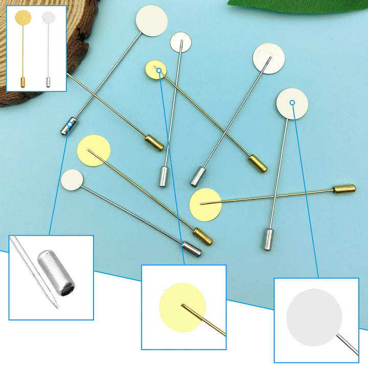 60Pcs Flat Round Tray Lapel Pin, 2 Sizes Stainless Steel Safety Stick Pins Round Blank Tray Brooch Pins Needle Suit Tie Hat Pin Scarf Badge for DIY Costume Jewelry Making Accessories(Gold,Silver)