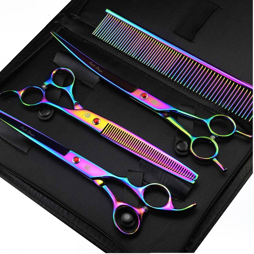 8 inch 3 in 1 Professional Pet Grooming Thinning Scissors - Upward Curved Shears and Dog Hair Cutting Scissor - Perfect for Pet Groomer or Family DIY Use (Rainbow)