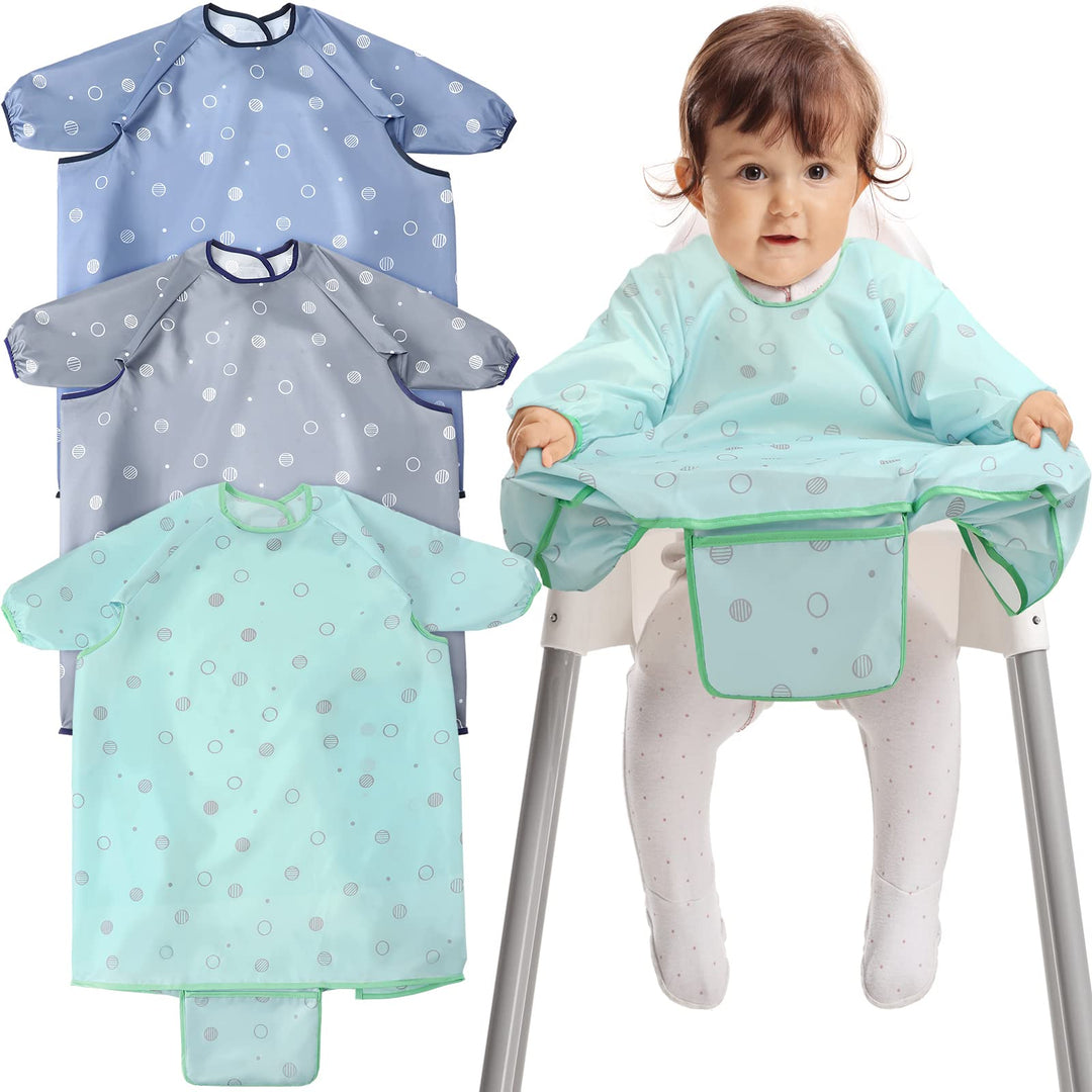 3 Pcs Coverall Baby Feeding Bib Long Sleeves Attaches to Highchair Booster Seat Table Smock for Eating Easy Clean Apron Neutral Weaning 6-36 Months Toddler Boys Girls Kids, Blue, Gray, Green
