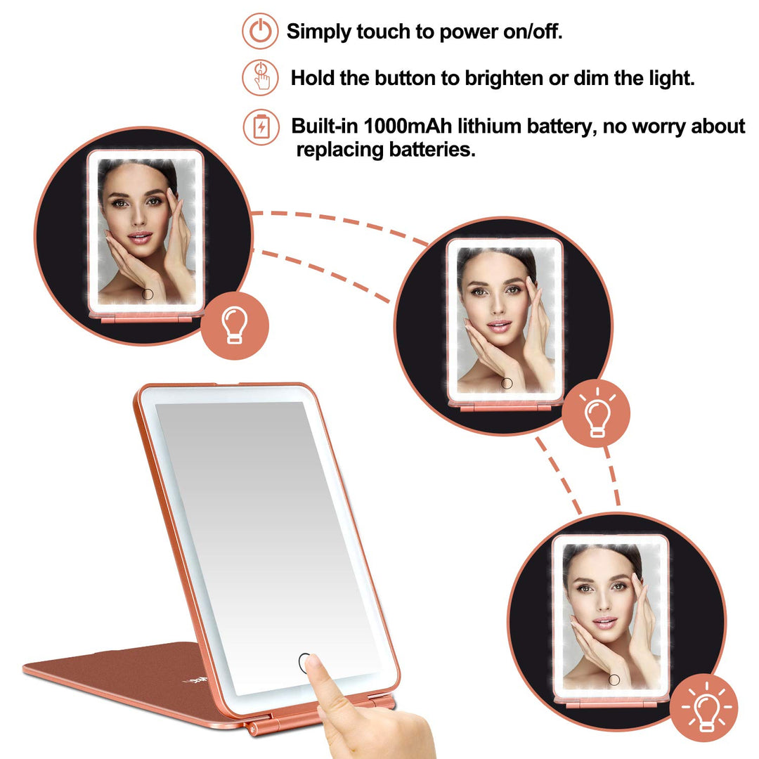 LED Makeup Mirror for Travel, 32 LEDs Lighted Vanity Mirrors with Dimmable Light,Compact, Slim, Rechargeable Lighted Mirror, Folding Makeup Mirror for Beauty