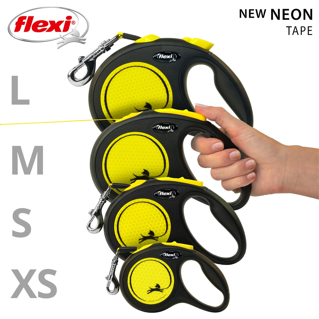 New Neon Tape Retractable Dog Leashes for Medium Dogs Upto 55 lbs. – 16 ft., Neon Yellow/Black | Tangle Free Pet Walking Leash with One-Handed Brake, Pause, Lock|German Quality Product