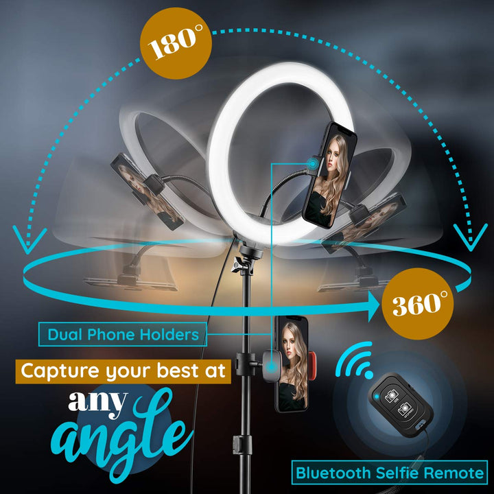 10 Ring Light Tripod with LEDs, Dual Phone Holders - for Makeup, Photography, Room Décor
