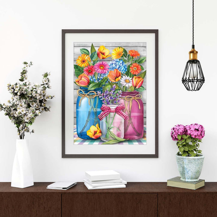 DIY Flowers Diamond Painting Kits for Adults, Round Full Drill Gem Flowers Diamond Painting Kits, 5D DIY Spring Floral Jars Diamond Art Painting Kits for Home Wall Decor 12x16 Inch