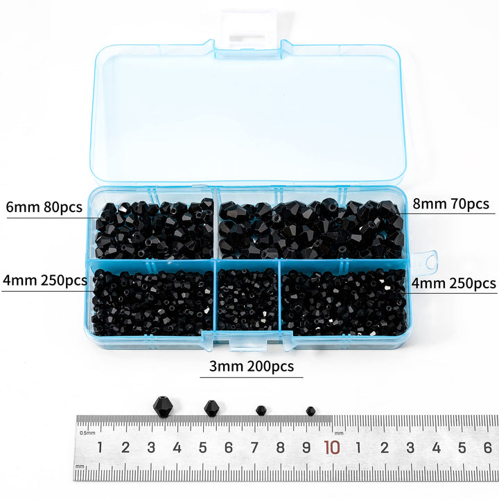 Bicone Crystal Beads for Jewelry Making, Lot 850pcs 3mm 4mm 6mm 8mm Black Faceted Bicone Shaped Glass Beads for DIY Craft Bracelets Necklaces Earrings Suncatcher Beading