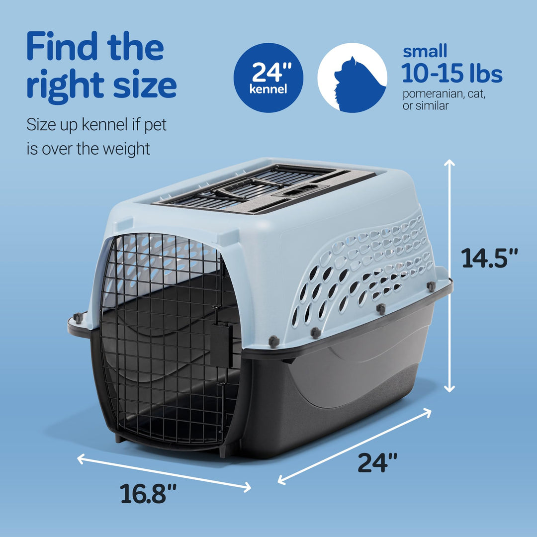 Dog Crates for Small Dogs & Cat Carriers, Two-Door Plastic Pet Kennel, Top & Front Loading, Made in USA, 24, Blue