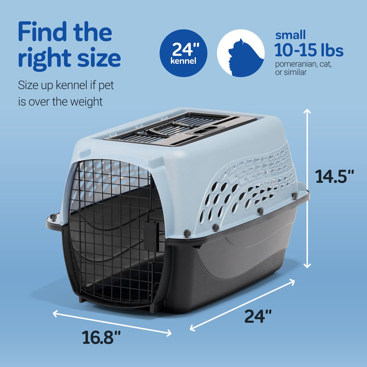 Dog Crates for Small Dogs & Cat Carriers, Two-Door Plastic Pet Kennel, Top & Front Loading, Made in USA, 24, Blue