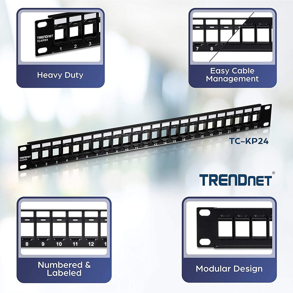 24-Port Blank Keystone 1U Patch Panel, 1U 19 Metal Rackmount Housing, Recommended With TC-K25C6 & TC-K50C6 Cat6 Keystone Jacks (Sold Separately), Black, TC-KP24