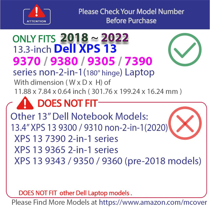 Hard Shell Case ONLY Compatible for 13.3 Dell XPS 13 9370 (2018) 9380 (2019) / 9305 (2021) / 7390 non-2-in-1 Models (NOT Fitting Other Dell Models) Notebook Computers - Black