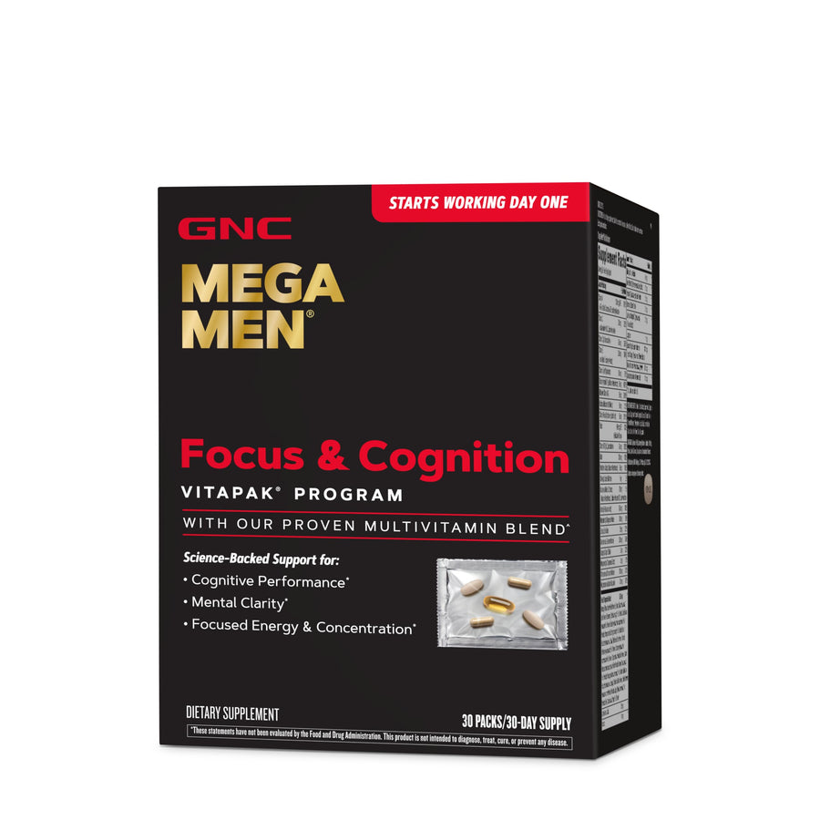 Mega Men Focus and Cognition Vitapak Program, Convenient, Complete Nutrition, 3 Products in 1 Packet, Clarity, Focus, Energy, Concentration, Works on Day One, 100mg Caffeine, 30 Daily Packs