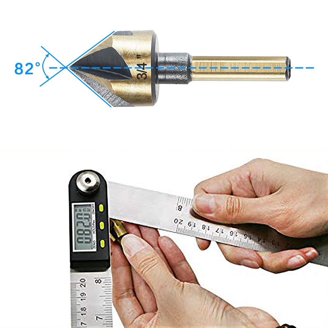 Countersink Drill Bit Set, 5 Pieces High Speed Steel 82 Degree 5 Flute 6mm Round Shank Mill Cutter Bit Countersink in Sizes 1/4” 3/8” 1/2” 5/8” 3/4” Set with Carrying Case
