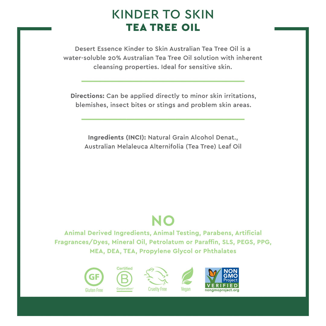 Kinder to Skin Australian Tea Tree Oil - Gentle Cleansing & Clarifying Solution For Soothing Problematic Skin - Reduce Redness & Irritation - Vegan, Gluten-Free, Cruelty-Free - 4oz