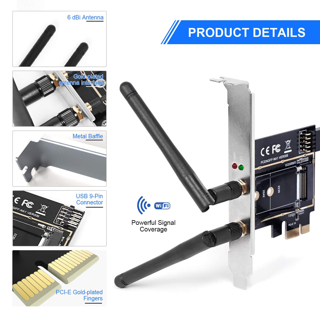 Wireless Network Card Adapter M.2 NGFF to PCI-E 1X WiFi Network Card Converter,PCI-E M.2/NGFF Card Passive Adapter with Dual-Band 2.4/5G Antenna,for WiFi and Bluetooth Card.(Not Including WiFi