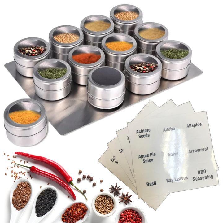 12-Piece Magnetic Spice Jar Set | Kitchen Essentials Seasoning Organizer | Durable Spice Tins with Sift-Pour Lids & Clear Viewing Window | Ideal for Kitchen Refrigerator & Cabinet Organization