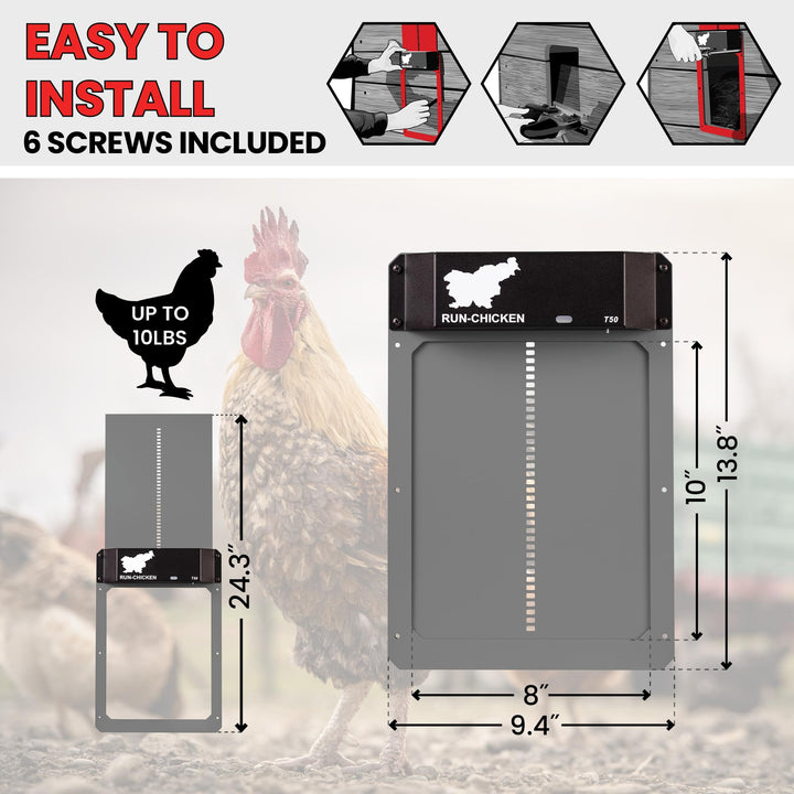 Door Automatic Chicken Coop Door Opener with Timer, Programmable Light Sensor, Battery Powered, Evening and Morning Delay, Aluminum , Model T50, (Gray)
