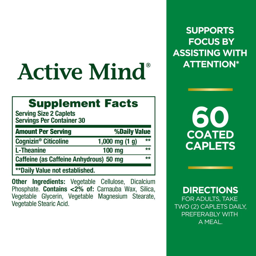 Active Mind Dietary Supplement, Supports Focus and Attention, 1000 mg Cognizin with L-Theanine and Caffeine Pills, 60 Caplets