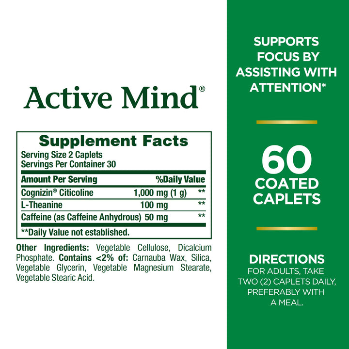 Nature's Bounty Active Mind Dietary Supplement, Supports Focus and Attention, 1000 mg Cognizin with L-Theanine and Caffeine Pills, 60 Caplets