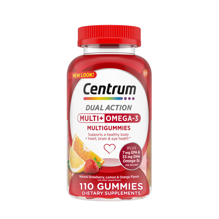 MultiGummies Multi+ Omega 3 Dual Action, Adult Multivitamin, Multivitamin/Multimineral/Omega 3 Supplement, Strawberry/Lemon/Orange Flavors - 110 Count