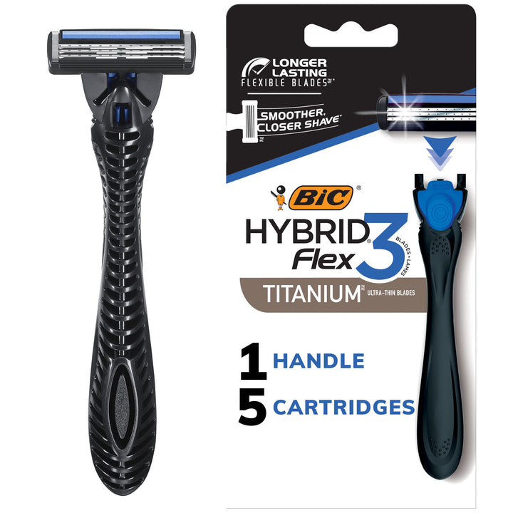 Flex 3 Hybrid Disposable Razors for Men, Long-lasting 3-Blade Razors With Slim Head for Precision Shaving, 1 Handle and 5 Cartridges, 6 Piece Shaving Kit