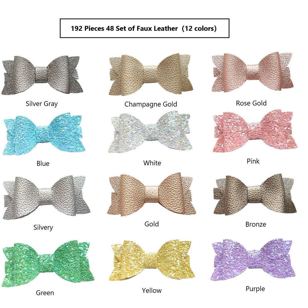 Faux Leather Hair Bows DIY Making Kit with Pre Cut Pieces and Hair Clips,Make Fashionable Shiny Hair Clips for Girls Lady Woman (Small & Medium Size,48 Set)