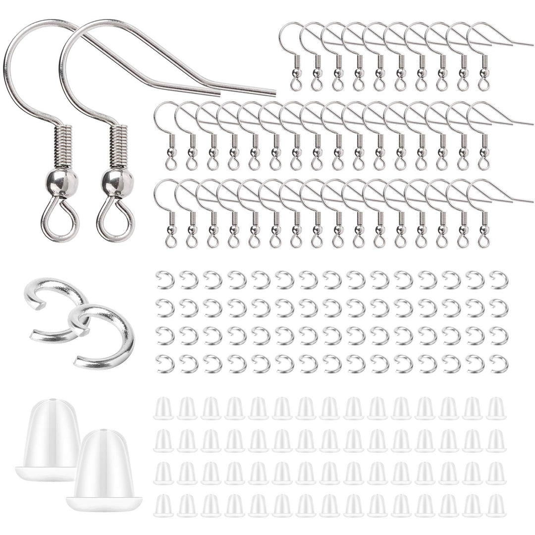 Stainless Steel Earring Hooks French Ear Wire, 600pcs Earring Making Findings Parts Jewels DIY Supplies Kits, with Silicone Earring Backs Stoppers & Open Jump Ring