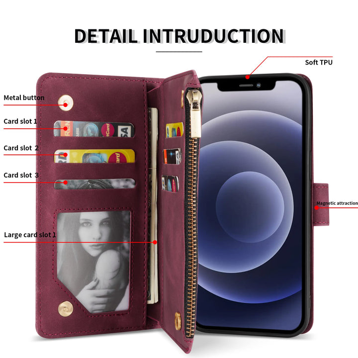 for iPhone 12 Case Wallet,iPhone 12 Pro Wallet Case with Card Slot Premium Soft PU Leather Zipper Folio Wallet with Wrist Strap Kickstand Protective for iPhone 12 Wallet Case(Wine Red 6.1 inch)