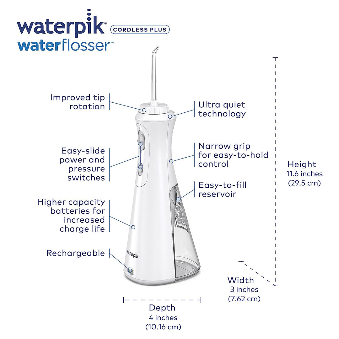 Cordless Plus Water Flosser with 4 Flossing Tips, Rechargeable and Portable for Travel and Home, ADA Accepted, White WP-450