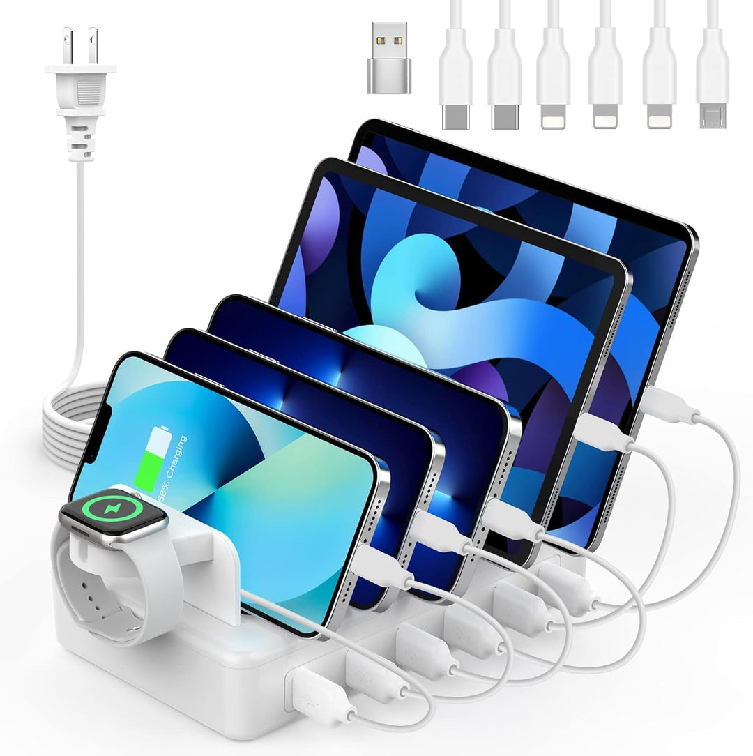 Charging Station for Multiple Devices,50W 6 Ports Charging Dock with 6 Cables Compatible with Cellphone,Tablet, Kindle, Apple Watch and Other Electronic
