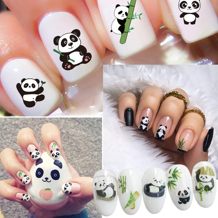 Panda Nail Art Stickers, Cartoon Bear Nail Self-Adhesive Sticker Design, Holographic Cute Bear Flowers Leaf Nail Art Decals Supplies for Women Girls Manicure Animal Decoration Resin Pet Transfer Decal