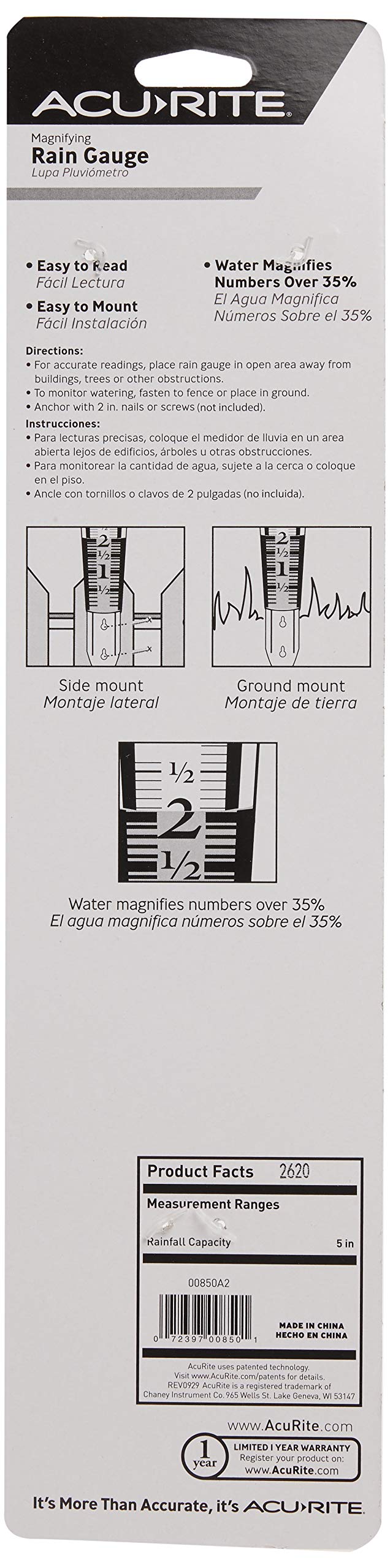 5 Capacity Easy-to-Read Magnifying Acrylic, Blue (00850A3) Rain Gauge