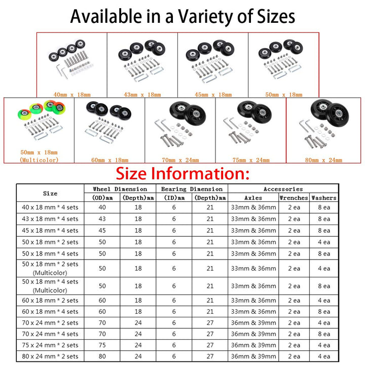 50mm x 18mm Set of 4 Luggage Suitcase Replacement Wheels, Rubber Swivel Caster Wheels Bearings Repair Kits (Colorful)
