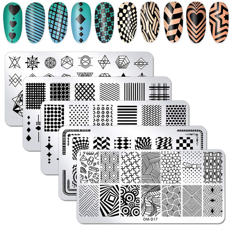 5Pcs Nail Plates Stamping Set With Classic Geometric Stars Nail Image Plate Stamping Nail Art Kit With Stamper And Scraper Kit For Women Girls