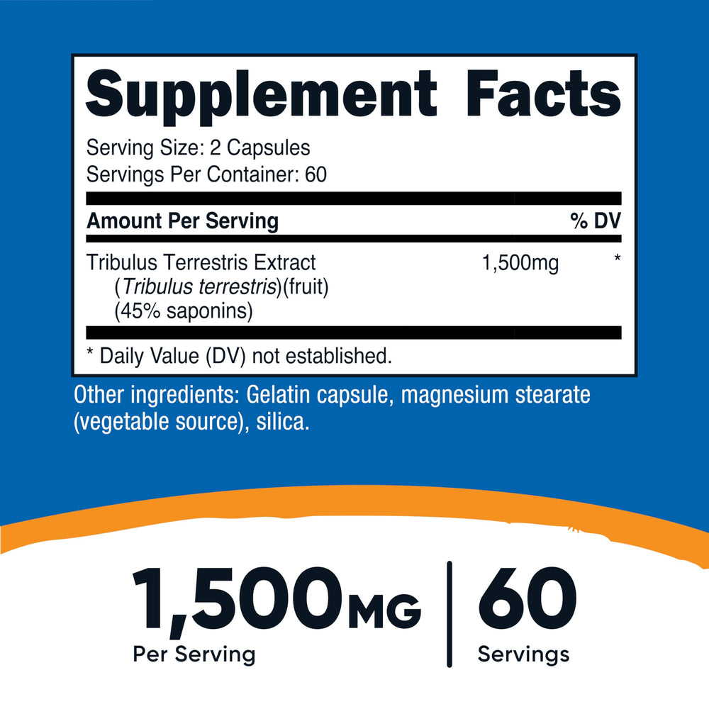 Tribulus Terrestris Extract 1500mg, 120 Capsules - 60 Servings (750mg Per Cap), Non GMO & Gluten Free