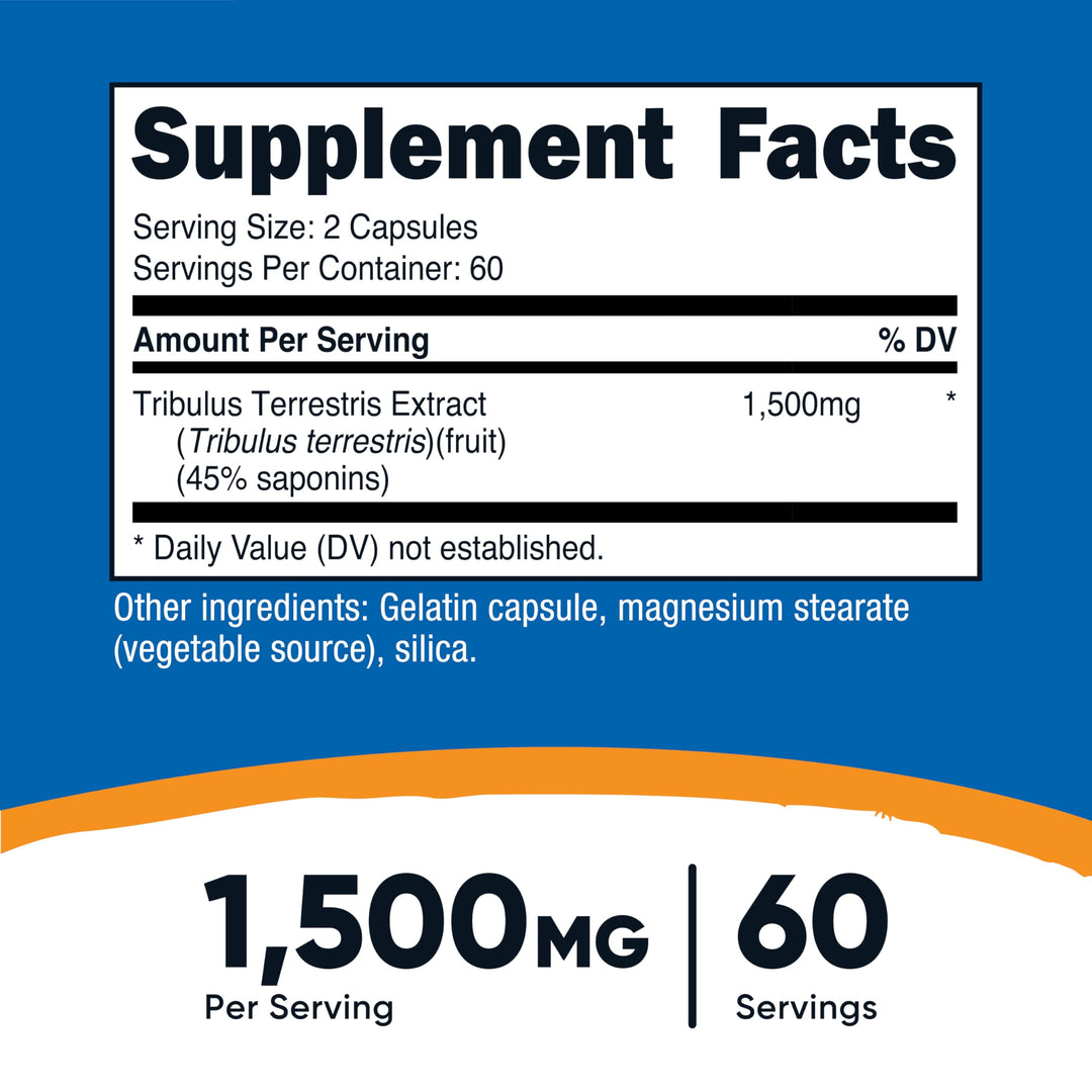 Tribulus Terrestris Extract 1500mg, 120 Capsules - 60 Servings (750mg Per Cap), Non GMO & Gluten Free