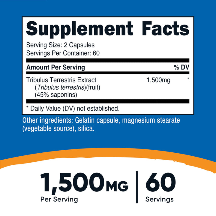 Tribulus Terrestris Extract 1500mg, 120 Capsules - 60 Servings (750mg Per Cap), Non GMO & Gluten Free