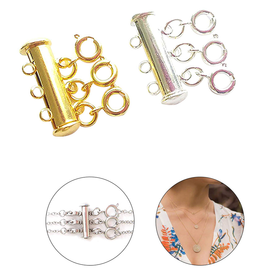 Layered Necklace Spacer Clasp, 3 Strands Necklaces Slide Magnetic Tube Lock with Lobster Clasps, Jewelry Clasps Connectors for Layered Bracelet Jewelry Crafts Necklace, 2 Pack Gold and Sliver