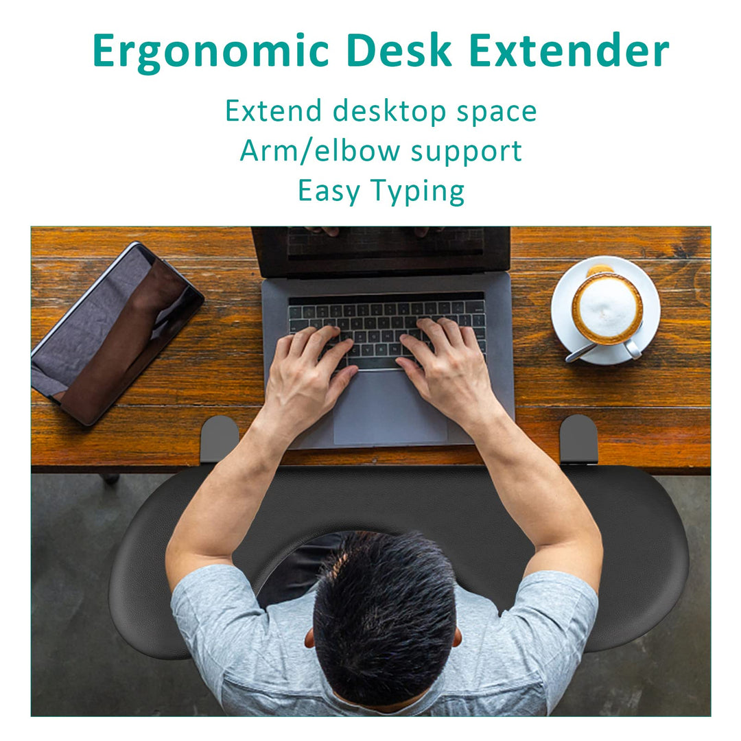 Eulps Ergonomic Forearm Support Clamp-on Leather Elbow Armrest Pad Ergonomic Desk Extender for Home and Office, Easy Typing & Pain Relief (Black)