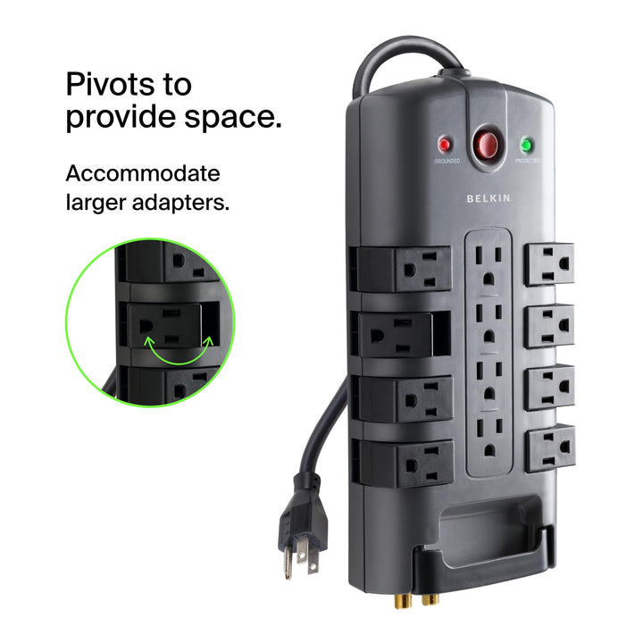 Surge Protector Power Strip w/ 8 Rotating & 4 Standard Outlets - 8ft Sturdy Extension Cord w/ Flat Pivot Plug for Home, Office, Travel, Desktop & Charging Brick - 4320 Joules of Protection