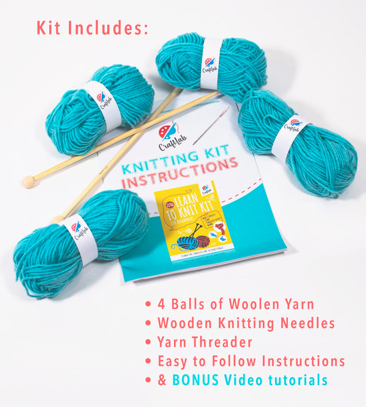 Knitting Kit for Beginners, Kids Adults Seniors Includes All Knitting Supplies: Wool Yarn, Knitting Needles, Yarn Needle and Instructions – Fantastic DIY Gift Learn to Knit Arts & Crafts Kit
