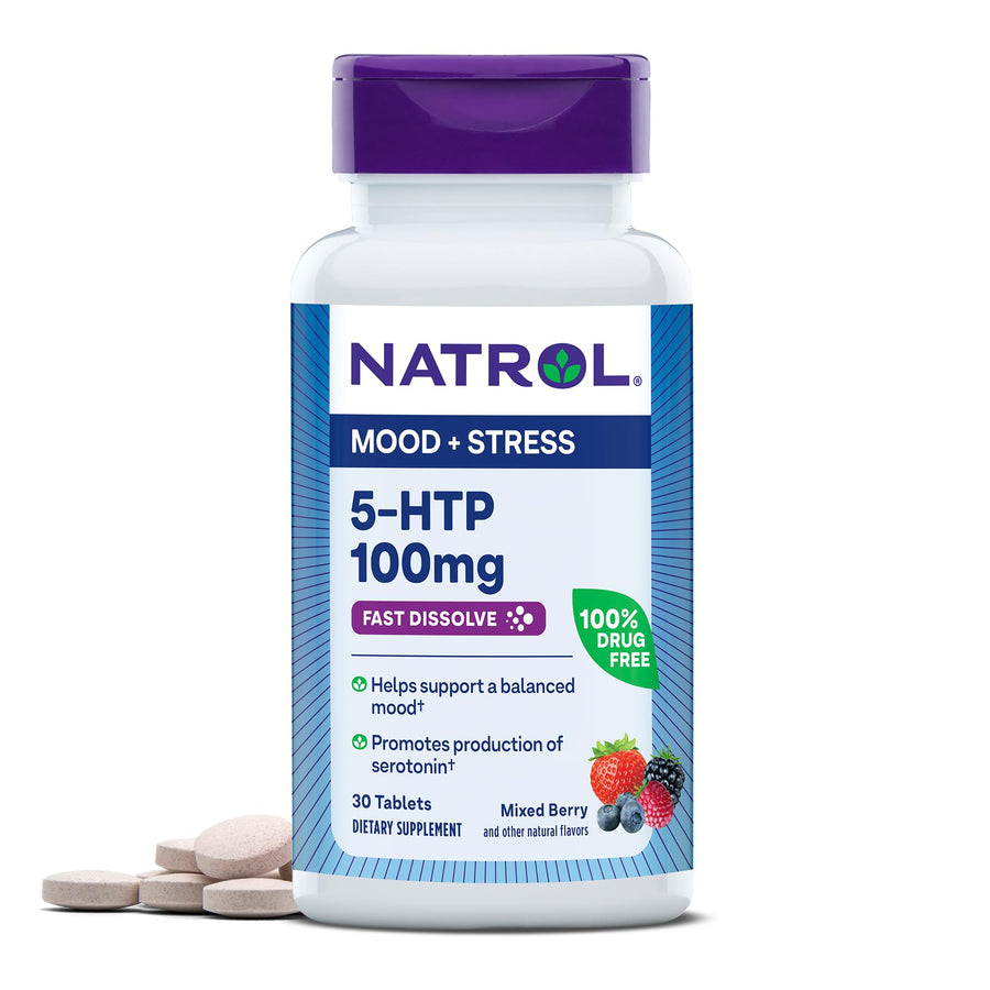 5-HTP 100mg, Drug-Free Dietary Supplement Helps Support Balanced Mood, 30 Mixed Berry-Flavored Fast Dissolve Tablets, 15-30 Day Supply