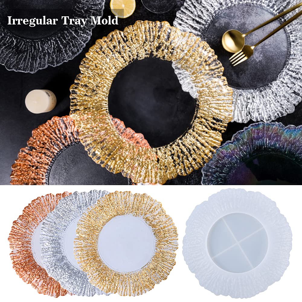 Irregular Tray Mold with Sunlight Edges Round Fruit Tray Silicone Epoxy Casting Mould for Resin DIY Jewelry Plate Trinket Candy Dish Wood Texture Serving Board Home Decor Craft Gift