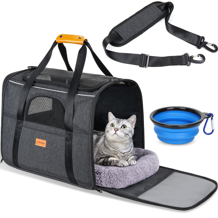 Cat Carrier - Soft Sided Cat Carrier Large for Big Medium Cats and Puppy up to 15lbs, Pet Carrier with Safety Zippers, Foldable Bowl, Airline Approved Large Cat Carrier - Dark Gray