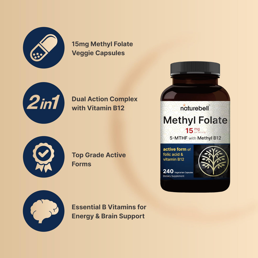 L Methylfolate 15mg, 240 Veggie Capsules | 5-MTHF with Methyl B12 1,000mcg | High Potency Dual Action for Energy & Cognitive Support, Active Folic Acid – Methyl Folate Supplement