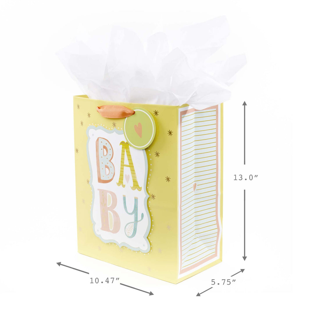 13 Large Gift Bag with Tissue Paper (B-A-B-Y, Yellow) for Baby Showers, New Parents and More