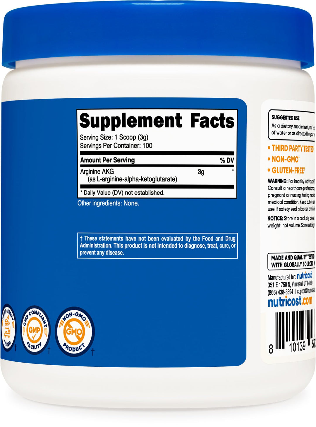 Arginine AKG Powder 300 Grams (AAKG) - 3G Per Serving & 100 Servings - Pure Arginine Alpha Ketoglutarate