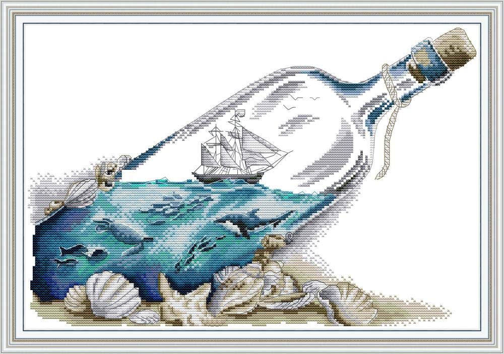 Maydear Cross Stitch Kits Stamped Full Range of Embroidery Starter Kits for Beginners DIY 11CT 3 Strands - Sea in Bottle 21.3×15(inch)