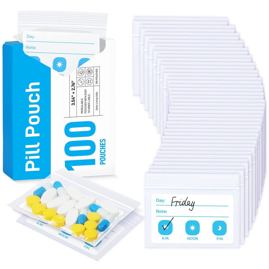 Pill Bags for Travel, Reusable Pill Pouches BPA Free 2.75 x 3.54, Daily Medicine Bags with XL Capacity for 24 Fish Oils, Vitamin Organizer with Customizable Write-on Area (100 Count)