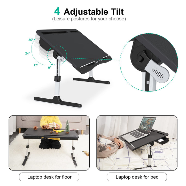 Foldable Laptop Bed Tray Table PVC Leather, Adjustable Laptop Desk for Bed with Height and Angle, Portable Lap Desk for Laptop and Writing with 2 Storage Drawers